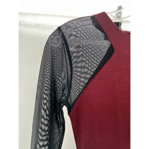 French Connection Bodycon Mini Dress Long Mesh Sleeve Maroon/Black Size 2 - Picture 5 of 9